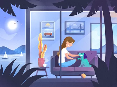 California view | Via Leopardi brand aleksandrov alexandrovi california clothes dog girl huliganio huliganio studio huliganio team interior los angeles naruew palm plant room san francisco sofa stayhome usa view