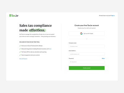 Sign Up Experience b2b clean create account design minimal saas sign up simple sketch taxjar ui ux
