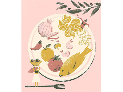 Mediterranean Diet - i2i Art Inc. - ©Kelsey Davis cooking diet editorial fish food and drink healthy i2i art illustration ingredients kelsey davis mediterranean recipe texture