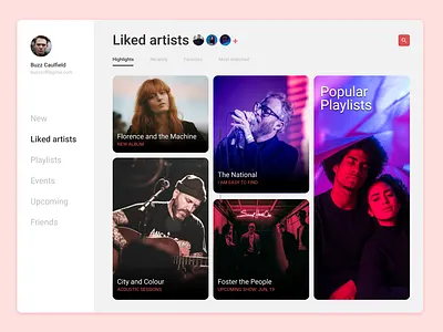 Music App app cards dashboad menu ui