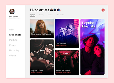 Music App app cards dashboad menu ui