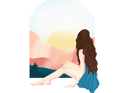 Blissful curly hair illustration landscape mountains woman portrait