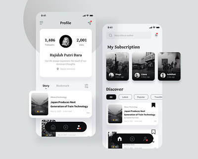 Story Writing App Concept app appconcept article black black white blackandwhite blacklivesmatter concept design gray medium minimal mobile mobile app mobile app design news profile timeline ui