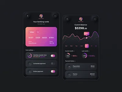 Banking App design app awesome bank bank app banking card credit credit card dark dark app dashboard figma finance gradient illustration pay payment ui uiux wallet