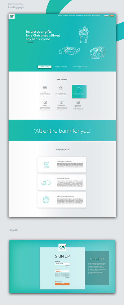 Landing page for a bank design ui