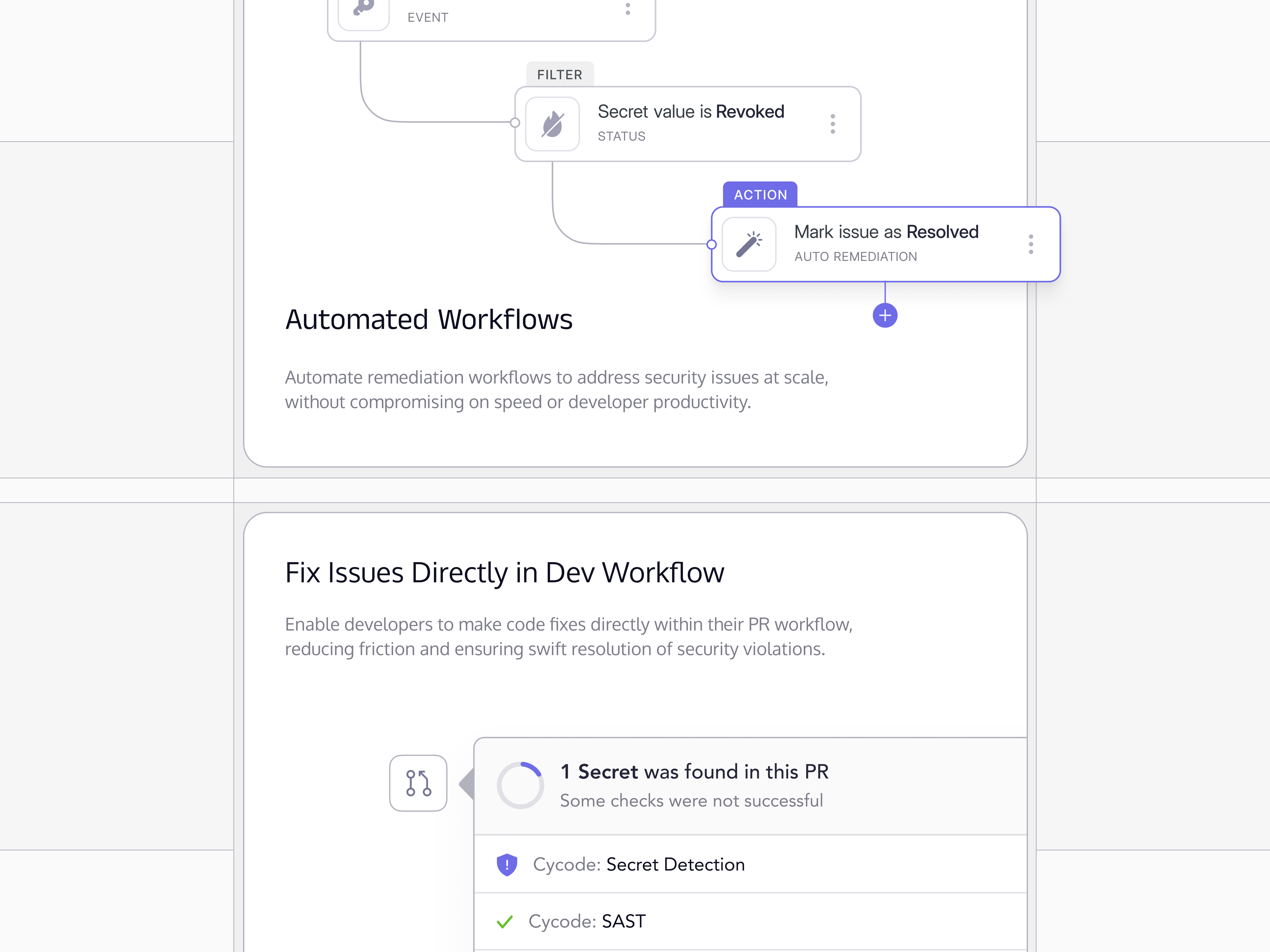 AI Workflows animation ai appsec automation bento cards code cycode diagram fix frid layout micro animation node pull request resolve risk saas security ui workflows