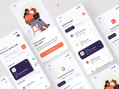 Job finder Mobile UI appdesign apply design digital filter google homepage job job finder job listing like mobile mobile app mobile ui navigation results tabs ui ux walkthrough