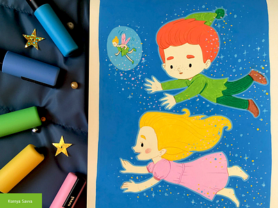 Cute cartoon illustration, Peter Pan and Wendy boy cartoon character children cute fairy fairytale flight for kids girl illustration magic markers moleskine night peter pan posca sketchbook uni posca wendy