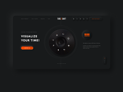 TimeShift timetracker landing page dark dark ui design device digital figma kickstarter landing page minimal neumorphism orange shadow skeuomorphic time timetracker ui ux website