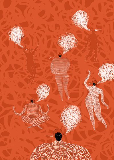 Crazy Eyes brain busy crazy digital art dots drawing editorial figure illustration magazine mind orange texture thoughts