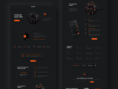 TimeShift timetracker landing page dark dark ui design device digital figma kickstarter landing design minimal minimalism neumorphism orange shadow skeumorphic time timetracker ui ux website