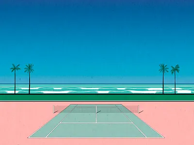 tennis court beach illustration landscape ocean palm pastel perspective tennis