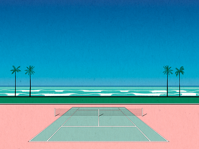 tennis court beach illustration landscape ocean palm pastel perspective tennis