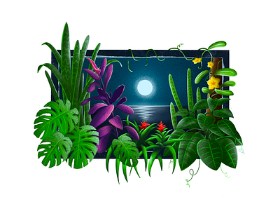 A Night in Paradise design flowers garden illustration moon night sky ocean plants texture tropical tropical leaves