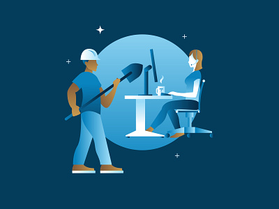 Employee Illustration blue boots chair coffee computer construction customer service desk employee gradient helmet illustration illustrator office office illustration omaha shovel stars thrasher workers