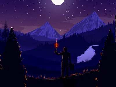 Beginning of a journey design hero area illustration lake illustration lake landscape landscape landscape illustration mountain mountain landscape night nightsky