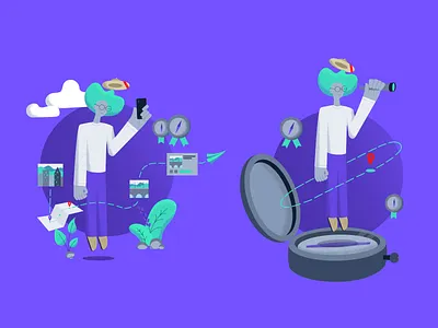 Framie illustrations digital illustration digital product exploring green iconography illustration onboarding illustration pictogram product illustration purple travel travel app turism