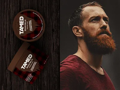 Tamed Beard Balm bear beard beard balm campfire cosmetic flannel grooming logo lumberjack packaging