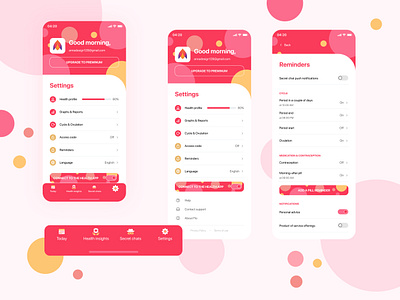 Settings screen in Period Tracker app annadesign app design dailyui007 illustration ios app design mobile app design period tracker pink reminders settings settings page settings ui ui uidesign woman yellow