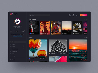 Instagram Concept For Web-Dark clean clean app dark theme dark ui dashboard design insta for web instagram instagram feed instagram post instagram profile instagram stories minimalist navigation sidebar socialmedia stories ui ux webdesign