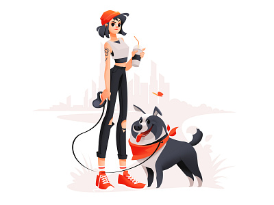 Walking A Dog animal art character city colorful design digitalart dog dog walking drawing girl illustration illustrator shakuro vector walk walking woman