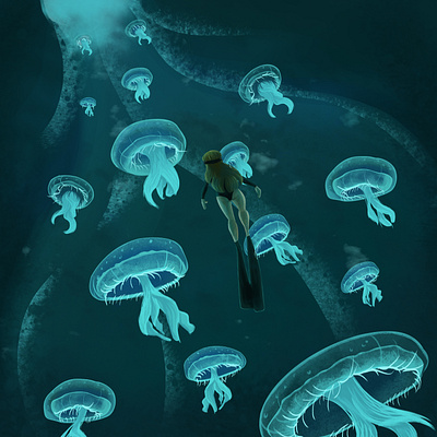 Harmony art blue charactedesign children art children book illustration design diving enviroment environment art girl illustration jellyfish nature ocean sea