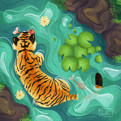 Tiger animal animal illustration art charactedesign children art children book illustration design enviroment environment art fauna feline illustration nature nature illustration river tiger tiger illustration