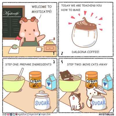 Welcome to the Mysticatfe! Today is about Dalgona coffee! art artwork cafe cartoon cat cats chibi coffee comics cute dalgona coffee dalgonacoffee drawing webcomic 咖啡 咖啡店 漫画 猫