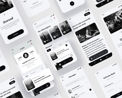 Story Writing App Concept article black blacklivesmatter branding chat concept gray login medium messages minimal mobile mobile app mobile ui news profile timeline uidesign uiux uxdesign