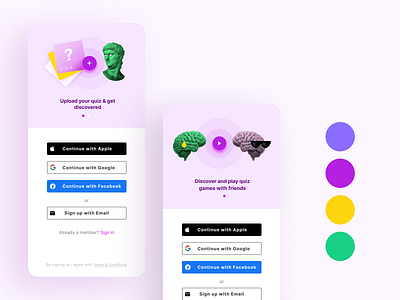 Social login & pre onboarding brain branding bright entertaining fresh illustration intelectual pink quiz quizmart social login ui ux