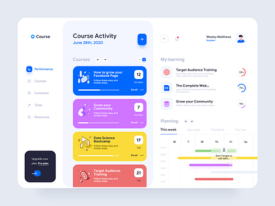 Course web app activity app design clean ui courses dashboard design desktop application illustrations learning meeting minimal performance planner progress resources task tools ui ux web app