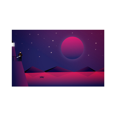 Light House illustration lighthouse moon mountains night purple reflection solitude starry sky stars