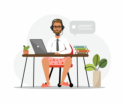 work from home bearded clerk freelancer illustration isolation laptop man manager office pants programmer remote slippers tie vector work from home workflow