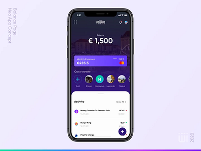 Balance Page action button balance bank banking contacts credit credit card euro europe history ios iphone mobile protopie scroll side menu sketch transfer video video background