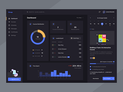 Learning Platform app black calendar cards class clean courses dark mode dark theme dashboard design learning minimal product progress schedule time trending ui ux