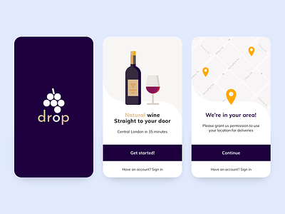 Natural Wine Delivery App app branding dailyui dailyui 023 delivery app design location location app location pin logo map ui maps natural wine onboarding onboarding screens onboarding ui wine wine app wine branding wine logo