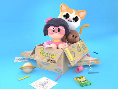 PEACE! 3d 3d art animation c4d cat character character design colors design dribbble illustration kawai kawaii art kids love render ui uidesign