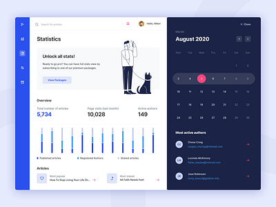 Statistics page for Editor's app articles authors calendar clean data flat illustration minimal statistics stats ui ux web