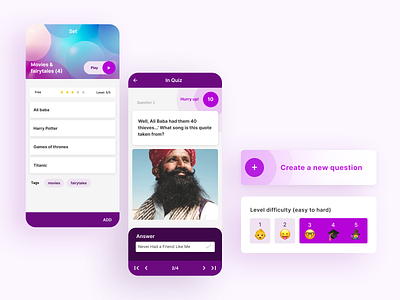 Quiz app screens bright cta emoji gameplay purple quiz uidesign