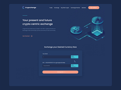 Crypto currency Exchange Landing Page app bitcoins blockchain coins cryptocurrency currency dailyui dark ui design exchange icon landingpage mining minting mobile payment wallet webdesign website