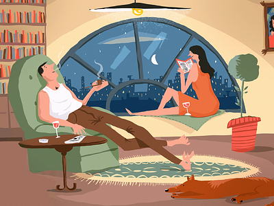 Evening ! artwork characterdesign city couple dog draw drawing evening happy home illustration interiordesign night pet procreate