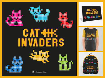 Cat Invaders 8 bit artwork cats character character design characterdesign illustration invasion kitten pixelart pixelated redbubble retro design retro game retro gaming society6 space invaders square tshirt art yellow