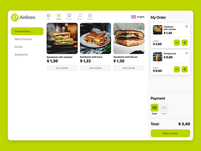 The concept of the module for ordering food in the plane food app food menu ui ui design ux