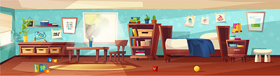 Kids room interior cartoon flat game background illustration interior kids room vector