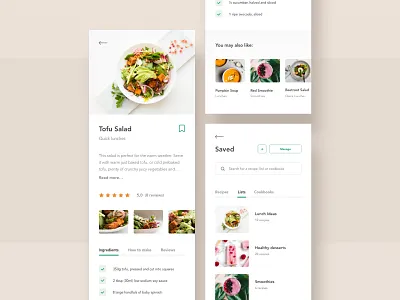 🥗 Recipes App cookbook cooking design food healthy food minimal recipe recipe app recipe card recipes salad ui ux