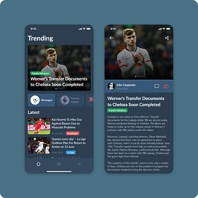 Football News adobe xd app apps dark dark theme dark ui design football news footballs news sport apps sports ui uidesign uiux ux