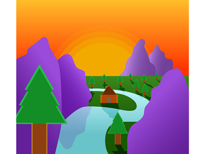 Cabin by the river art cabin flat illustration illustrator minimal mountains sunset vector