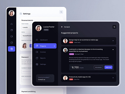 Projects and Settings app component dark mode freelance menu mobile projects settings ui ux