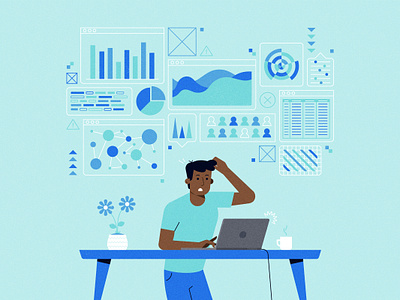 Lost in Data! analysis analytics bar chart coffee confused data data visualization data viz flower frustrated infographic laptop lost man pie chart