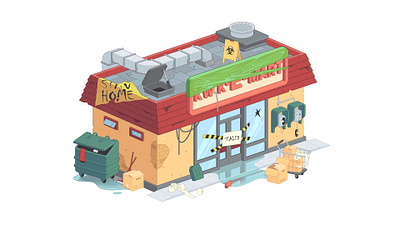 The Simpsons Kwik-E-Mart during a coronavirus pandemic. 2d 3d building city color coronavirus design house illustration isometric isometry madrabbit market pandemic shop simpsons stay home stayhome vector